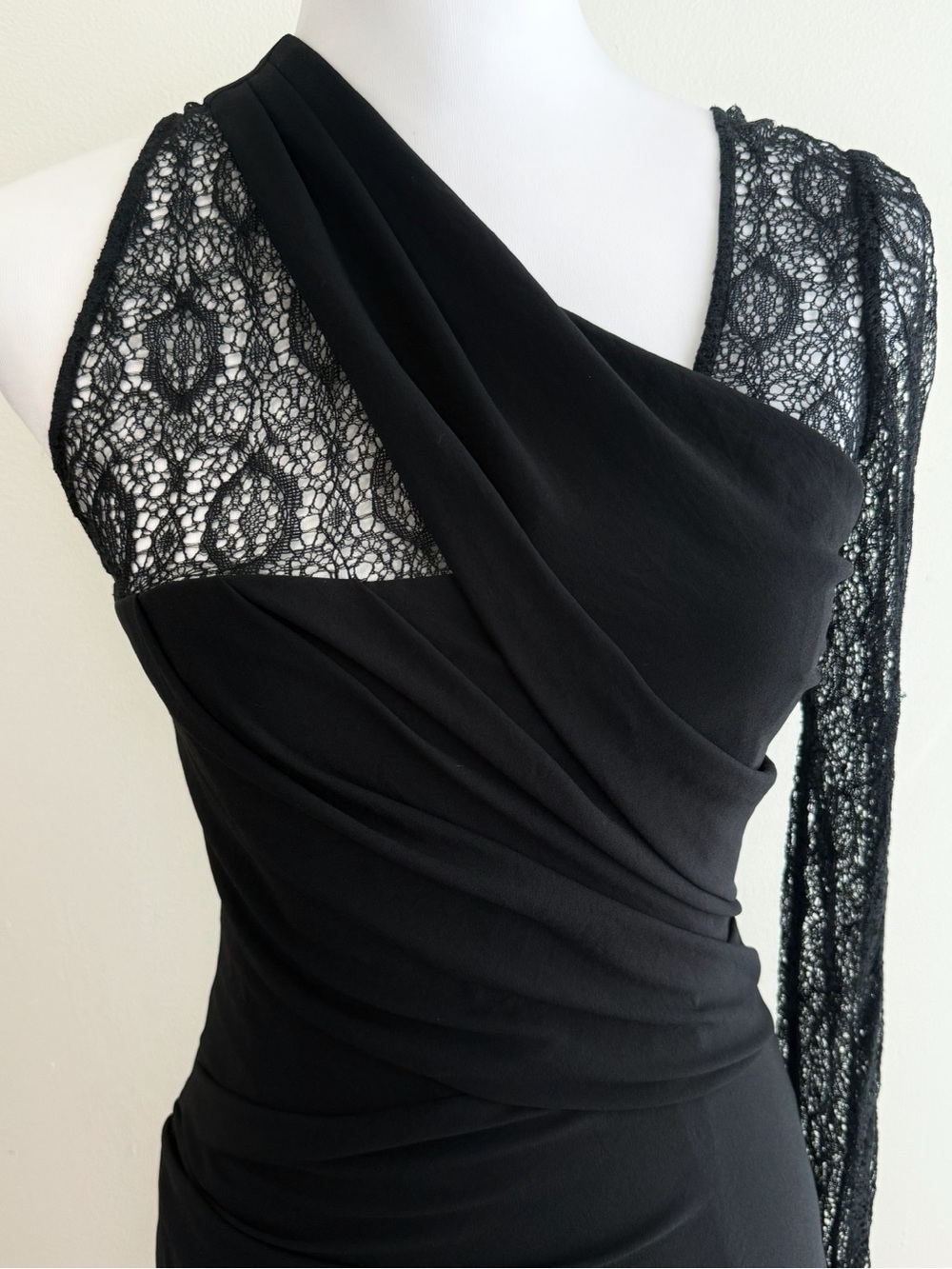 HELMUT LANG BLACK SHEER LACE SINGLE LONG SLEEVE RUCHED GATHERED MINI DRESS - Picture 2 of 14